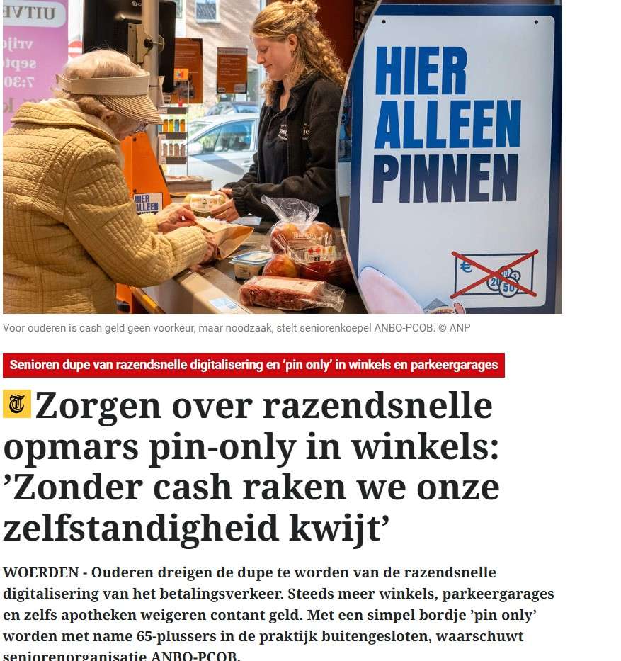 Een artikel in De Telegraaf over de stijging van het aantal 'Pin Only' winkels