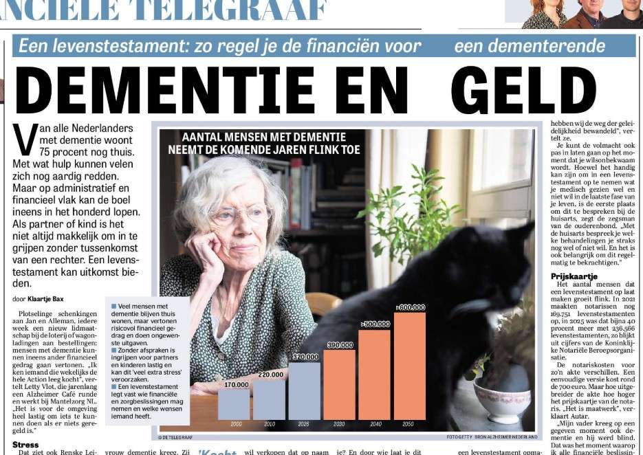 Artikel in De Telegraaf over dementie en het levenstestament