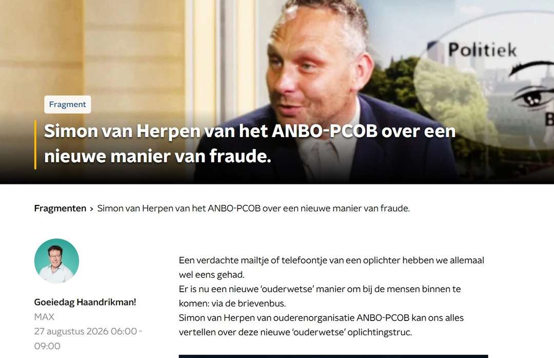 ANBO-PCOB waarschuwt op Radio 5 voor nieuwe ouderwetse oplichting