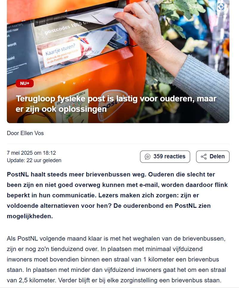 Er komen steeds minder brievenbussen, schrijft nu.nl. ANBO-PCOB reageert