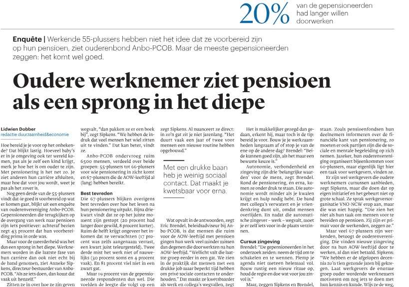 Pensioenonderzoek ANBO-PCOB uitgebreid belicht in Trouw