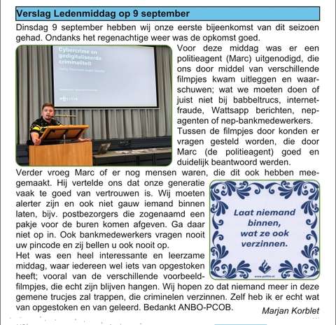 Verslag ledenmiddag 9 september