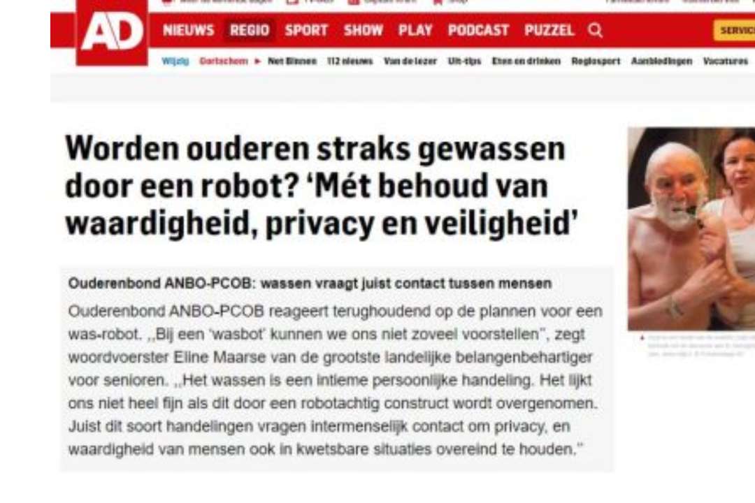 AD maakt artikel over wasrobot en vraagt mening van ANBO-PCOB