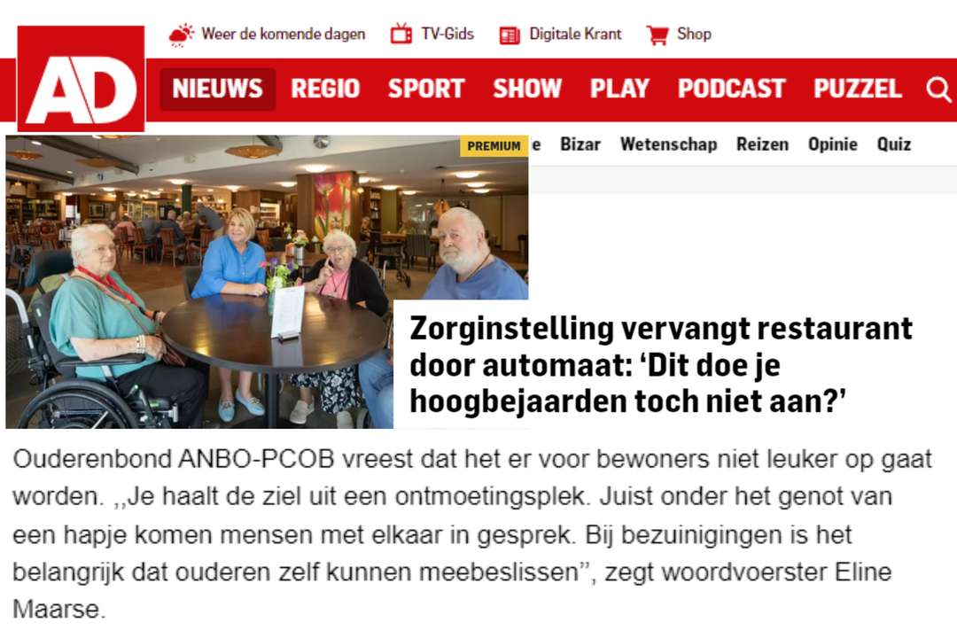 Reactie ANBO-PCOB op verdwijnen van restaurants bij zorginstellingen