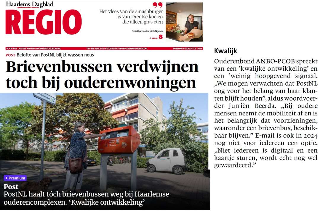 ANBO-PCOB reageert in Haarlems Dagblad over verdwijnen brievenbussen