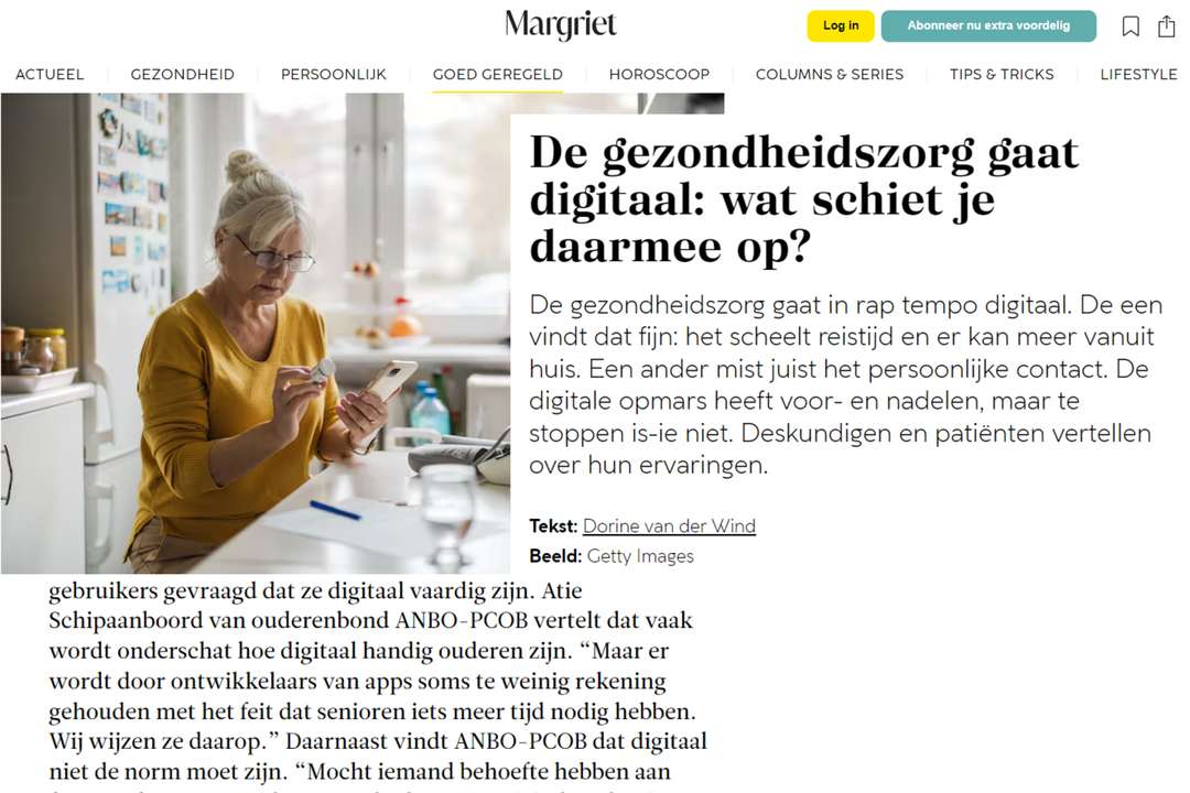 De gezondheidszorg gaat digitaal, zo denkt ANBO-PCOB erover