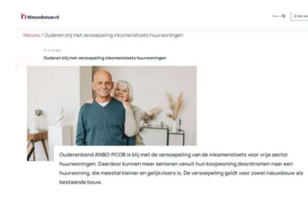 Nieuwbouw.nl: ANBO-PCOB is blij met de versoepeling inkomenstoets huurwoningen