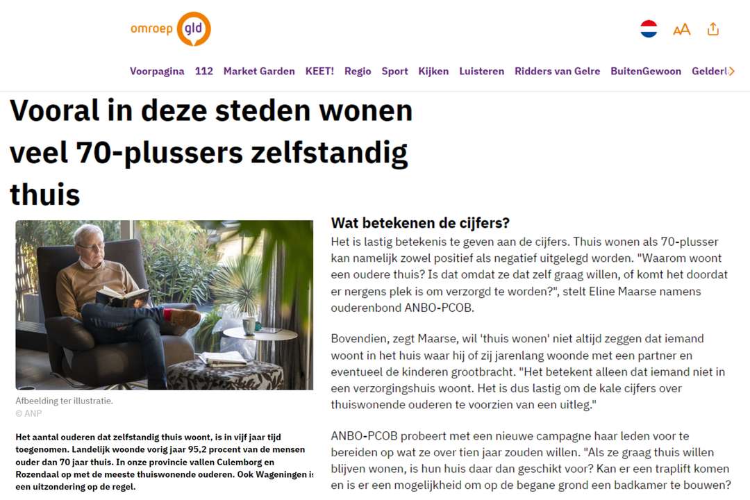 Omroep Gelderland vraagt ANBO-PCOB wat we vinden van de cijfers van thuiswonende ouderen