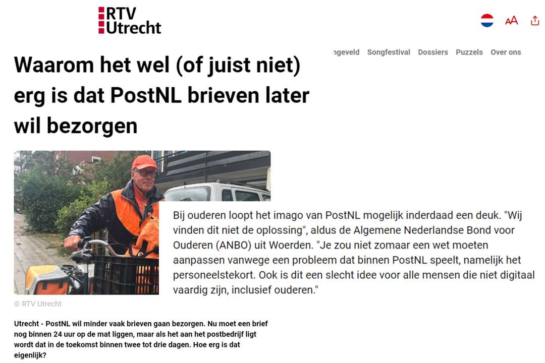 RTV Utrecht vraagt meningen over PostNL, dit is de mening van ANBO-PCOB