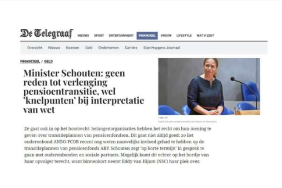 Telegraaf haalt ANBO-PCOB aan in pensioenartikel met Carola Schouten