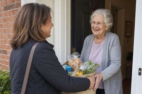 Vrouw geeft boodschappen aan buurvrouw - Leefcirkels - ANBO-PCOB