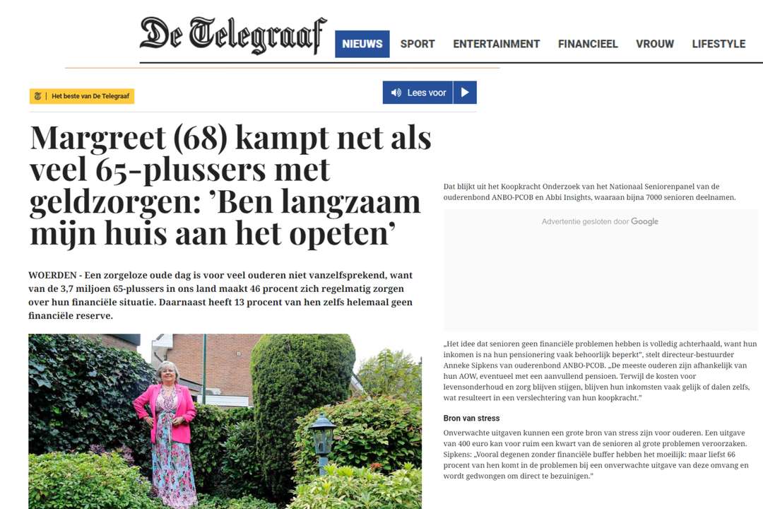 Primeur Koopkracht Onderzoek ANBO-PCOB in De Telegraaf